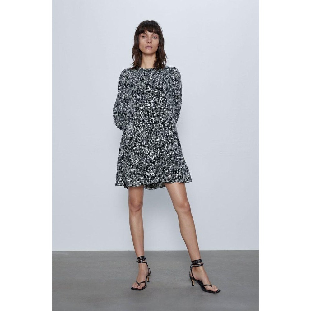 Zara Black White Polka Dot Tiered Ruffle Mini Dress Puff Sleeve‎ Size S